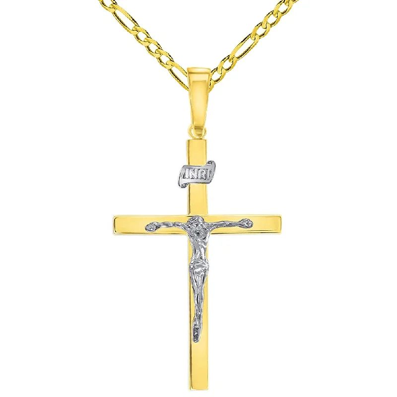 women trendy gold necklaces -14k Two-Tone Gold 3D INRI Catholic Christian Crucifix Cross Pendant with Figaro Chain Necklace