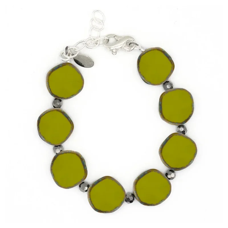 women gold link bracelets -Avocado Green Small Circle Glass Beaded Bracelet