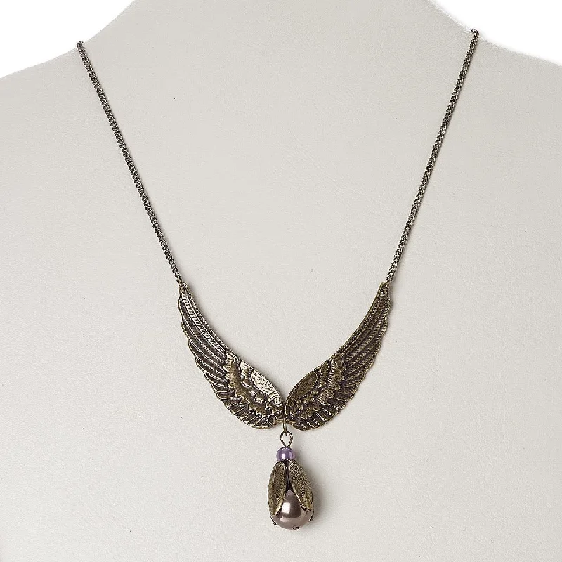 women antique necklaces -Vintage Antiqued Brass Bird Wings and Pearl Necklace