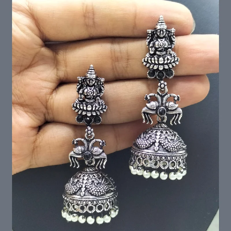 women chain earrings -FS Collection Oxidised Plated Pota Stone Temple Dangler Earrings