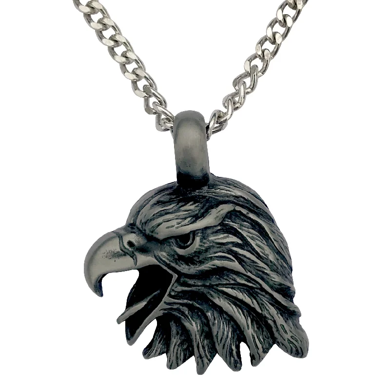 women gold chain necklaces -Pewter Eagle Head Pendant with Extra Large Bail, on Men's Heavy Curb Chain Necklace, 24"