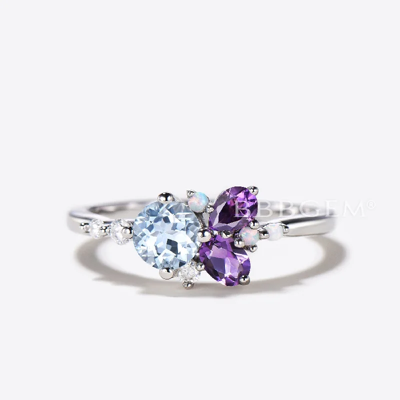 women art deco engagement rings -Round Natural Aquamarine Engagement Ring Cluster Amethyst Opal Ring Multi-Stone Ring