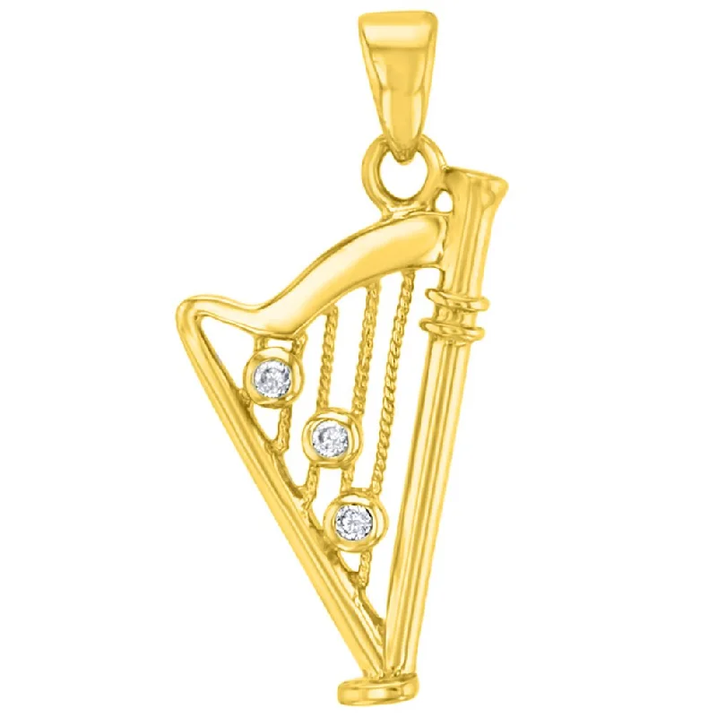 women luxury silver necklaces -Solid 14K Gold CZ Harp Charm Musical Instrument Pendant - Yellow Gold