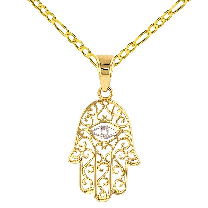 women short necklaces -Solid 14K Gold Filigree Hamsa Hand of Fatima with Evil Eye Pendant Necklace - Yellow Gold