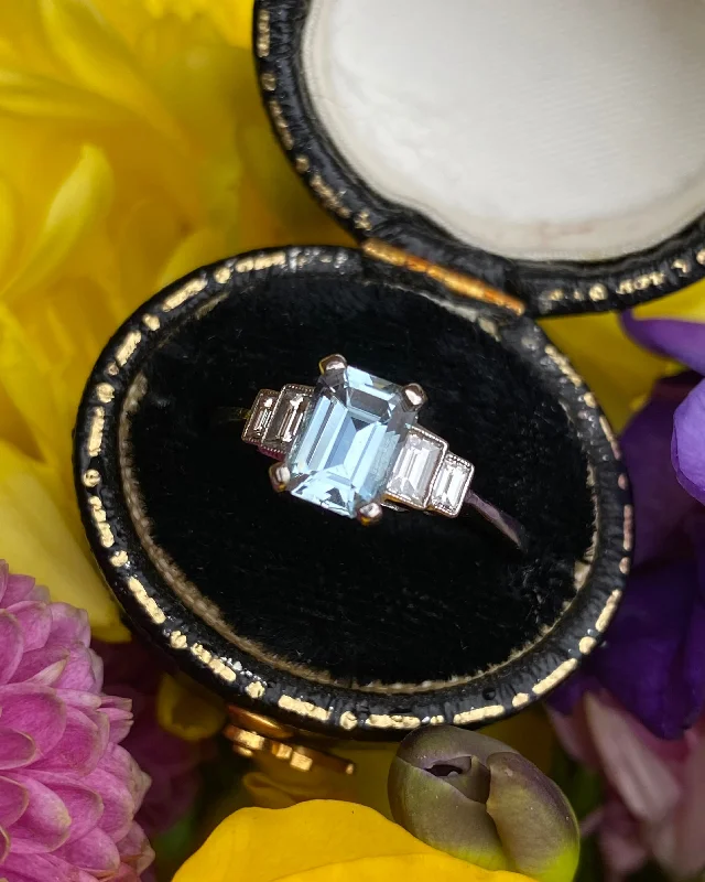 women gemstone rings -Art Deco Aquamarine and Diamond Platinum Ring 0.25ct + 0.80ct