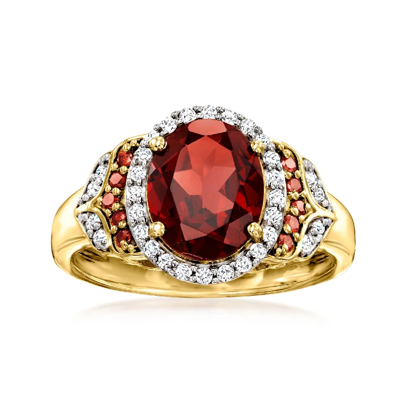 women gold engagement rings -Ross-Simons Garnet and . Red and White Diamond Ring in 18kt Gold Over Sterling