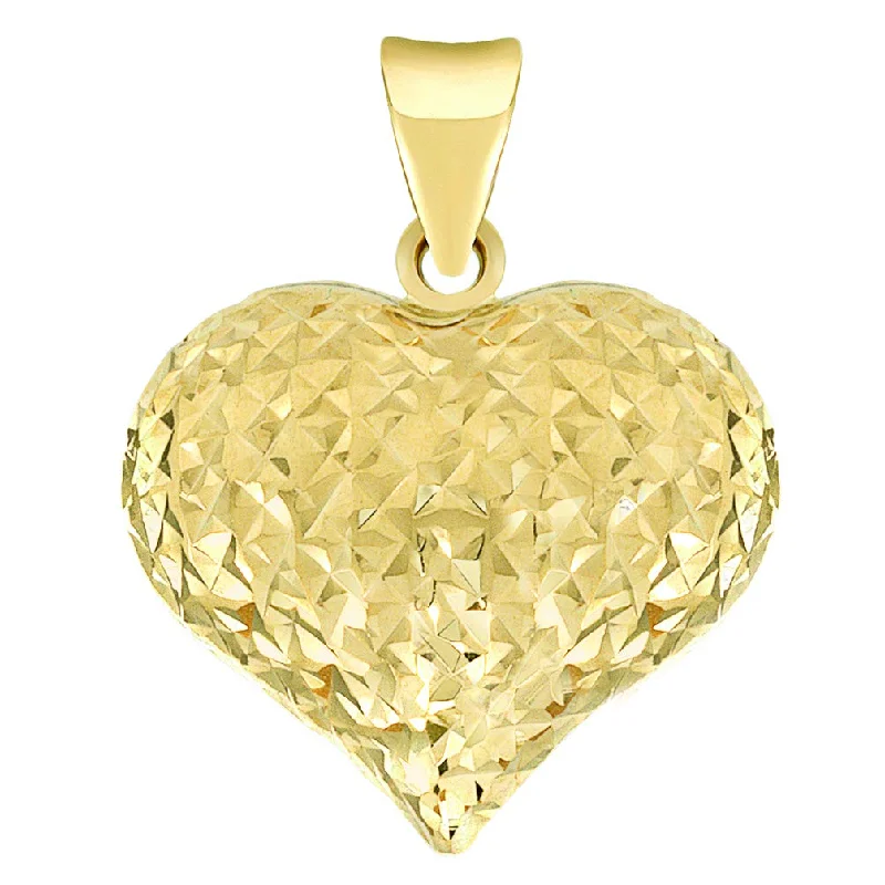 women flower pendant necklaces -14k Yellow Gold Sparkle Cut Puffed Heart Charm Pendant