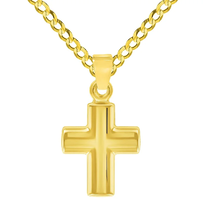 women gold chain necklaces -14k Yellow Gold Polished Simple Mini Religious Cross Charm Pendant with Cuban Chain Curb Necklace