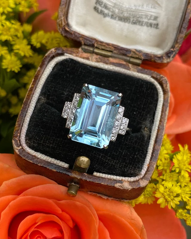 women solitaire rings -Art Deco Aquamarine and Diamond Platinum Ring 0.25ct + 6.05ct