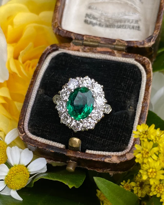 women sapphire rings for women -Victorian Style Emerald and Diamond Cluster Platinum Ring 1.35ct + 2.10ct