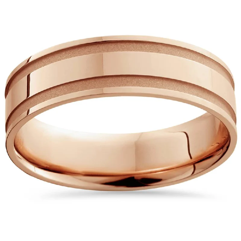 women halo engagement rings -14K Rose Gold Mens Grooved Wedding Band 6mm Size Selectable