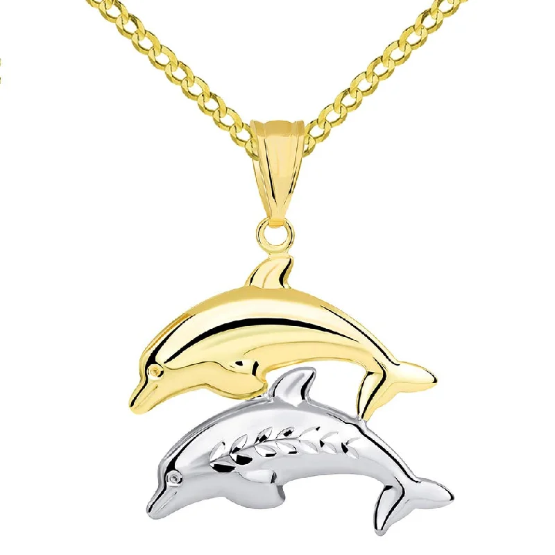 women gold necklaces -14k Yellow Gold and White Gold 3D Dolphins Jumping Pendant Cuban Necklace - Two-Tone Gold