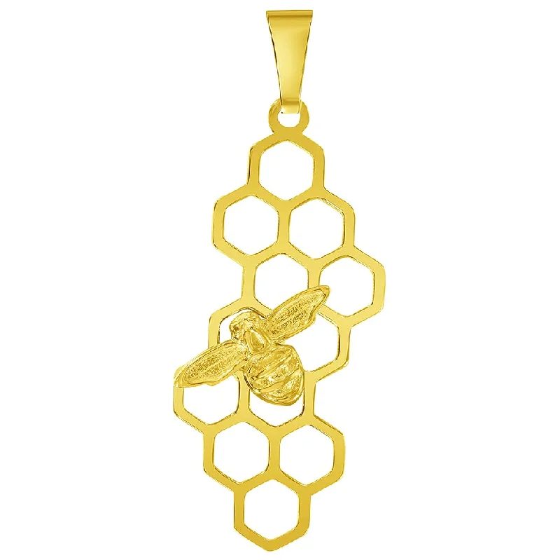 women emerald necklaces -14k Yellow Gold Honey Bee On Honeycomb Pendant