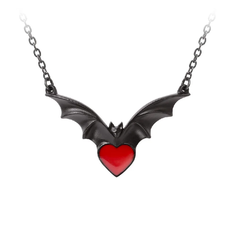 women halo necklaces -Sombre Desir Black Bat Necklace with Red Heart by Alchemy Gothic