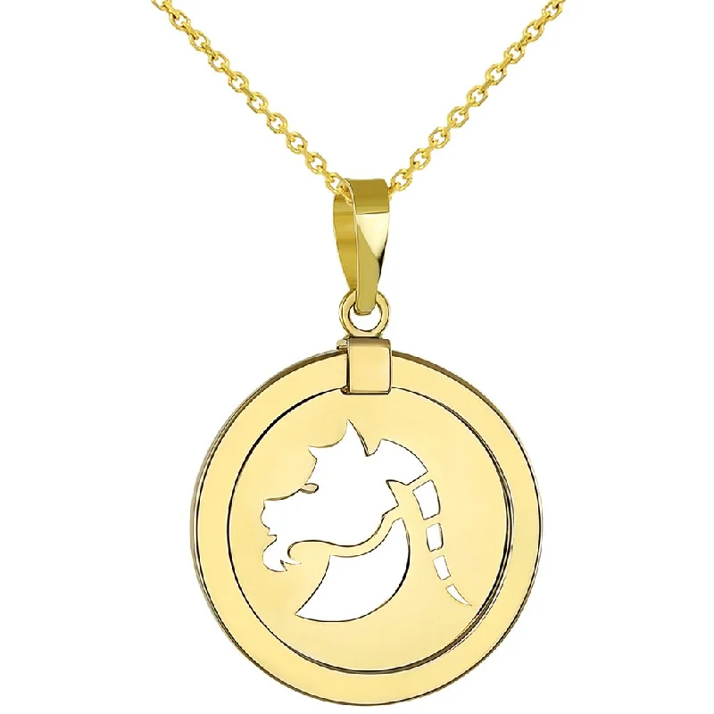 women art deco necklaces -14K Gold Reversible Round Capricorn Goat Zodiac Sign Pendant with Chain Necklace - Yellow Gold