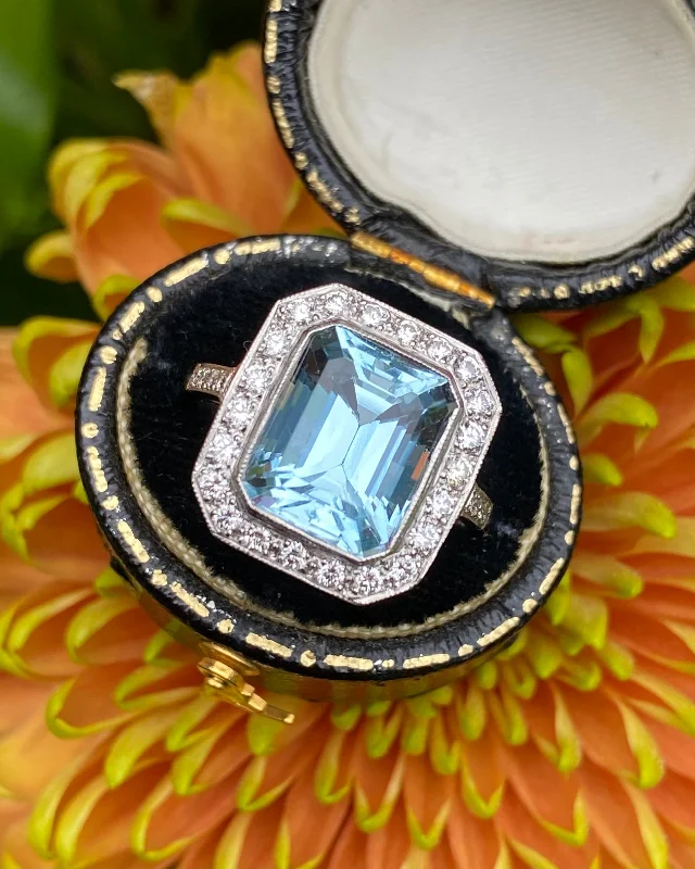 women unique rings -Art Deco Aquamarine and Diamond Ring 0.50ct + 3.65ct Platinum