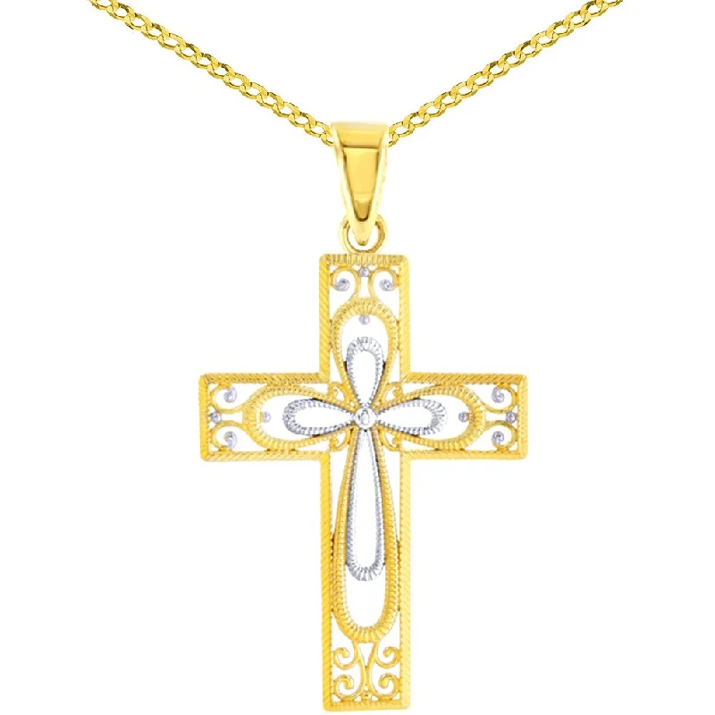 women halo necklaces -14K Yellow Gold Textured Milgrain Filigree Religious Cross Pendant Cuban Chain Necklace