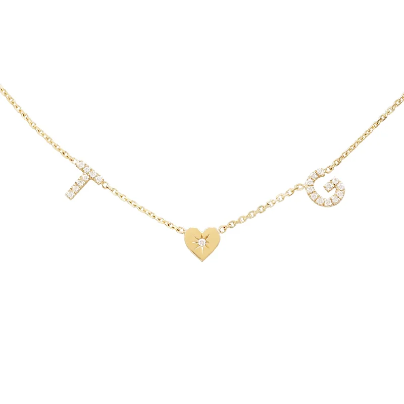 women delicate necklaces -Two Diamond Initials with a Heart - Personalized Diamond Necklace