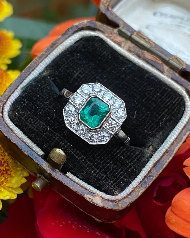 women bold statement rings -Art Deco Emerald and Diamond Cluster Platinum Ring 0.45ct + 0.80ct