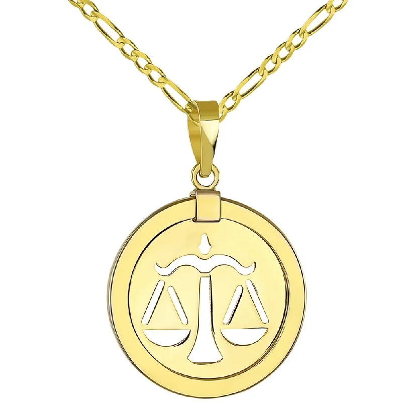 women chain necklaces -14k Yellow Gold Reversible Round Libra Scale Zodiac Sign Pendant Figaro Chain Necklace