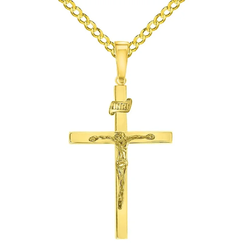 women teardrop necklaces -14k Yellow Gold 3D INRI Catholic Christian Crucifix Cross Pendant with Cuban Chain Curb Necklace