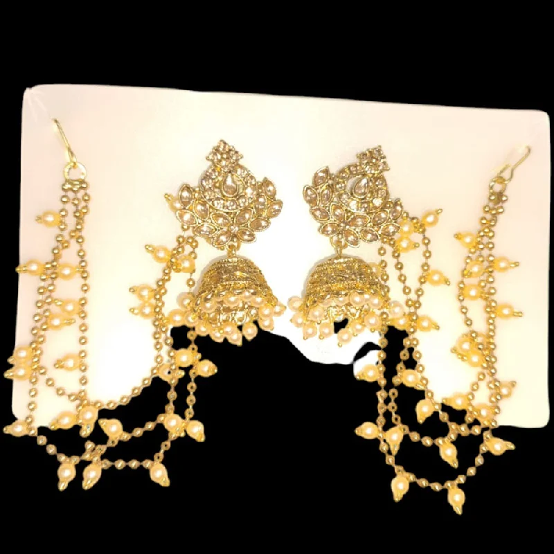 women ear thread earrings -Abhinandan Gold Plated Crystal Stone Jhumki With Kan Chain