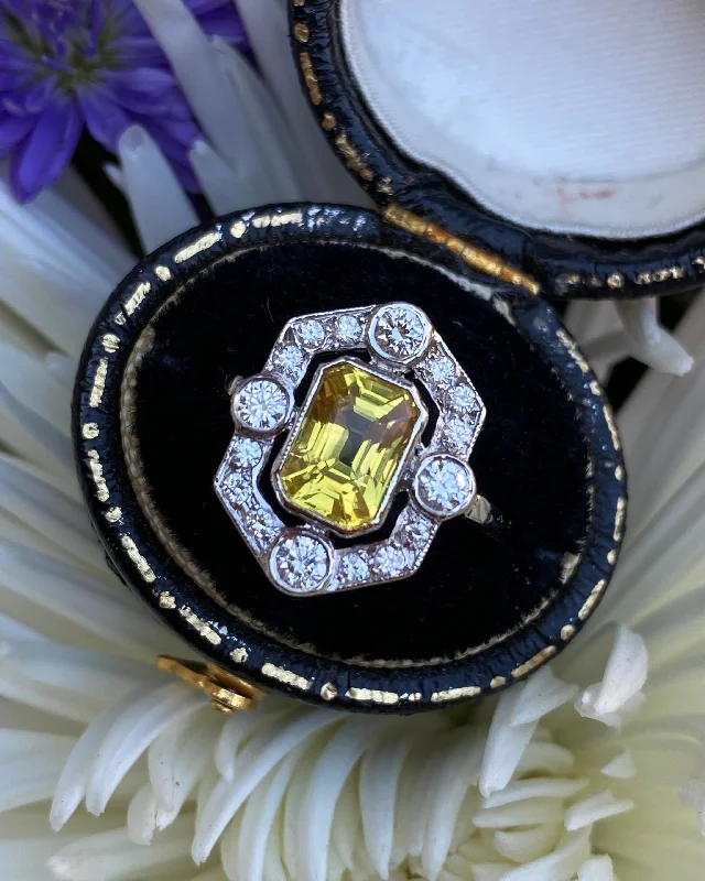 women gemstone rings -Art Deco Yellow Sapphire and Diamond Cluster Platinum Ring 0.50ct + 1.50ct