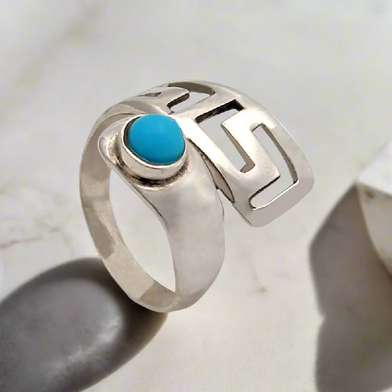 women gold engagement rings -Greek Key Meander Ring in Sterling Silver with turquoise (DT-65)