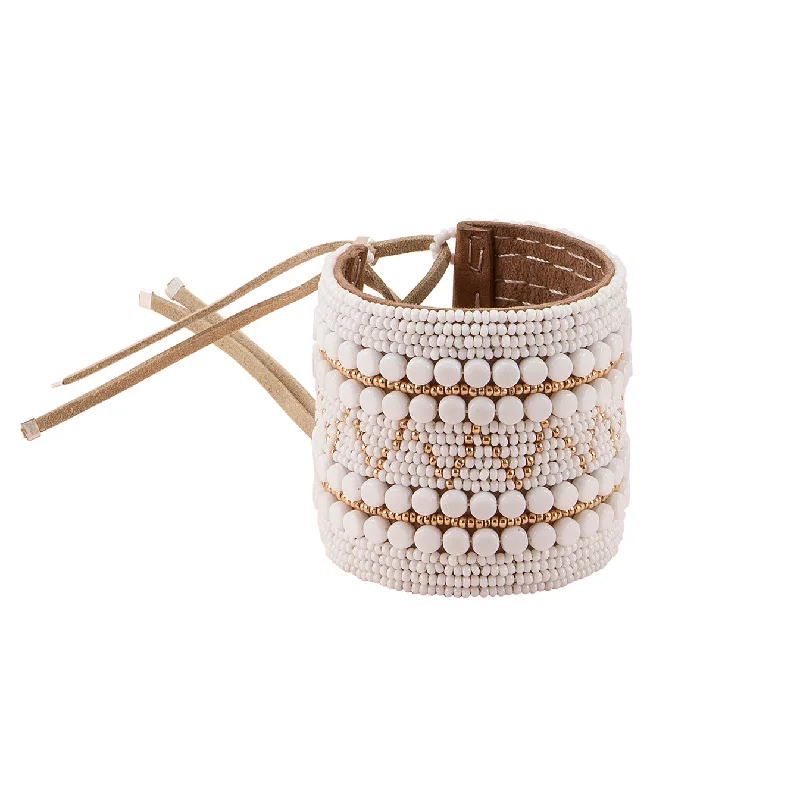 women gold bangles -Wide Decorative Leather Bracelet - WHITE & GOLD