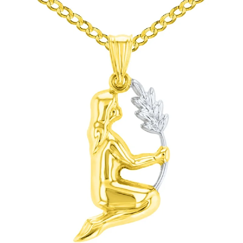 women pearl pendant necklaces -High Polish Solid 14K Yellow Gold Virgo Maiden Holding Wheat Zodiac Sign Charm Pendant Cuban Chain Necklace