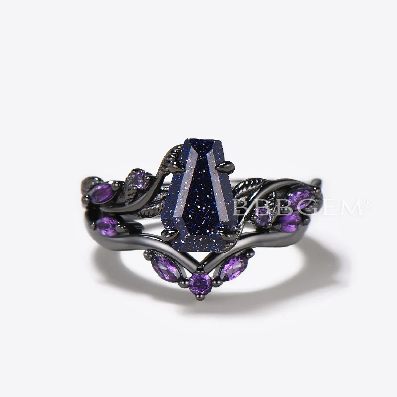 women moissanite engagement rings -Black Gold Coffin Blue Sandstone Ring Leaf Amethyst Engagement Ring