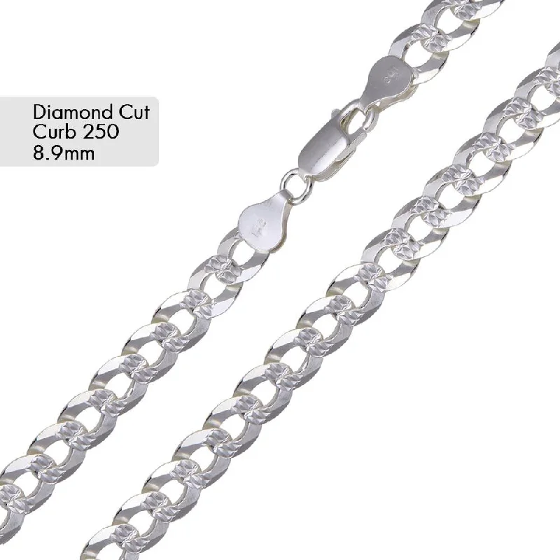 women fashion bangles -Curb 250 1 Side Diamond Cut 1 Side Plain Chain or Bracelet 8.9mm - CH633