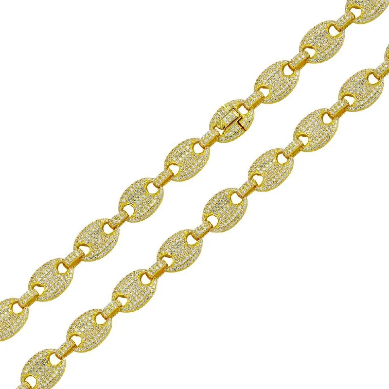 women wedding bracelets -Gold Plated 925 Sterling Silver CZ Encrusted Oval Link Chain or Bracelet 11.8mm - CHCZ106 GP