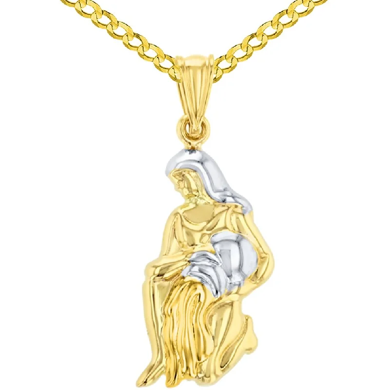 women custom charm necklaces -High Polish 14K Yellow Gold Aquarius Zodiac Sign Charm Pendant Cuban Chain Necklace