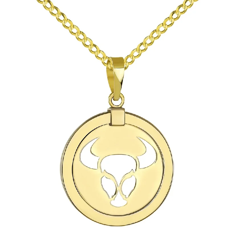 women chunky necklaces -High Polished 14K Yellow Gold Reversible Round Bull Taurus Zodiac Sign Pendant with Cuban Chain Necklace