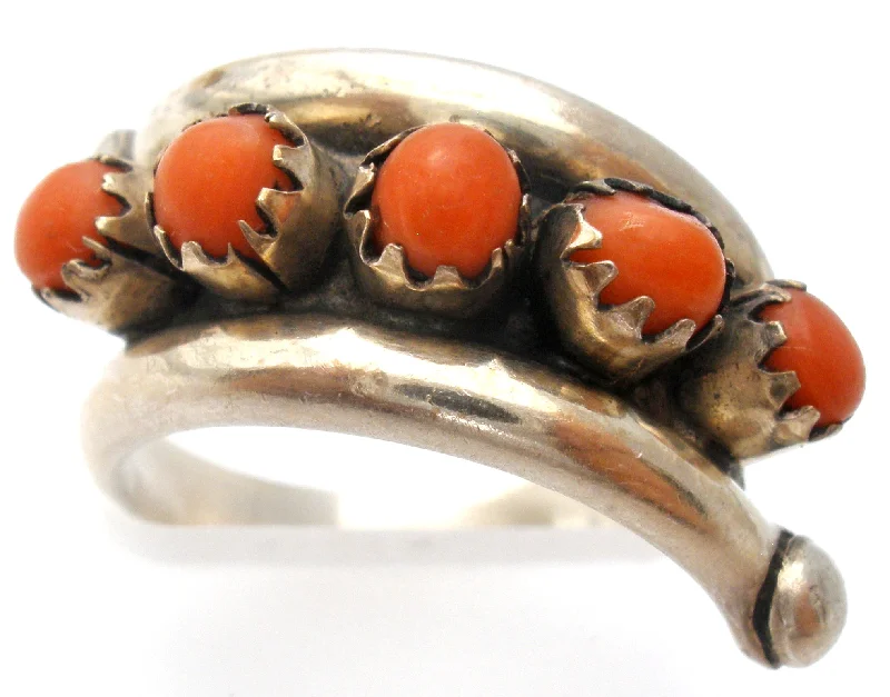 women stackable gemstone rings -Red Coral Petit Point Ring Sterling Silver Vintage