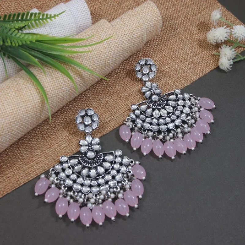 women vintage diamond earrings -Etnico Silver Oxidised Kundan & Pearl Chandbali Earrings For Women (E3106ZPi)