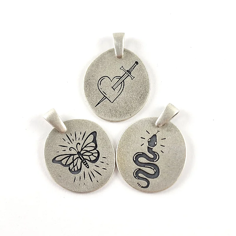 women minimalist pendant necklaces -Recycled Coin Silver Mystic Tattoo Engraved Large Charm Necklace