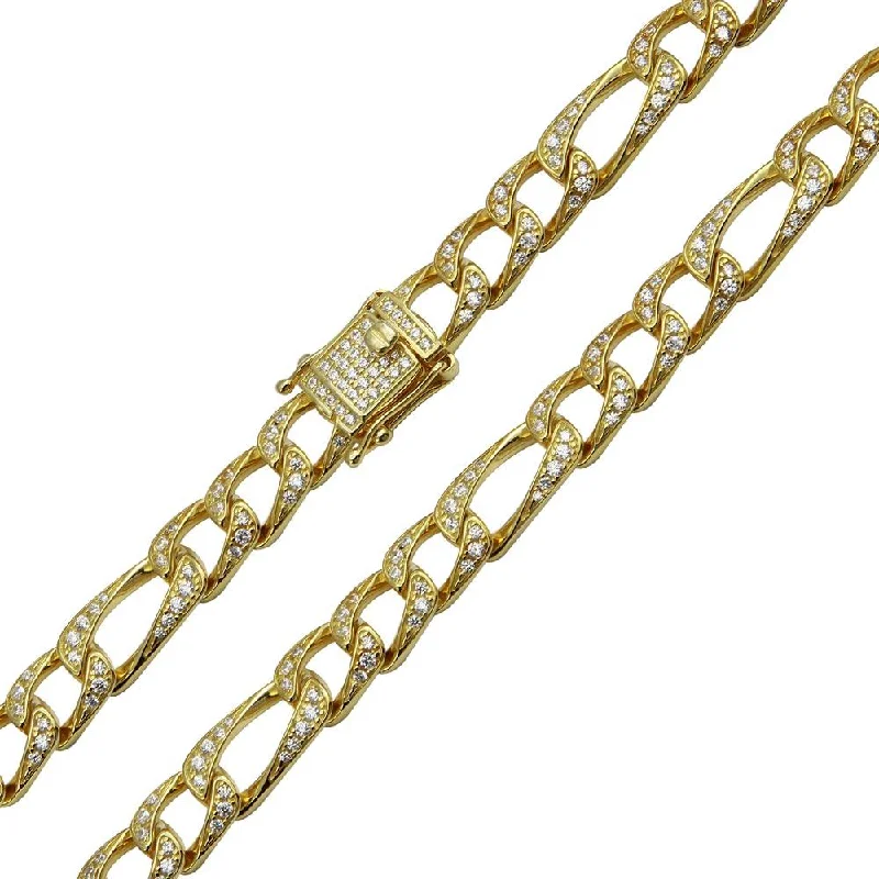 women statement bracelets -Gold Plated 925 Sterling Silver CZ Encrusted Figaro Chain or Bracelet 8.2mm - CHCZ112 GP