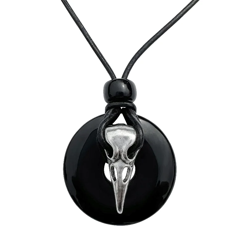 women sapphire necklaces -Silver Raven Skull on Black Onyx Tribal Black Leather Cord Necklace - 18 inches