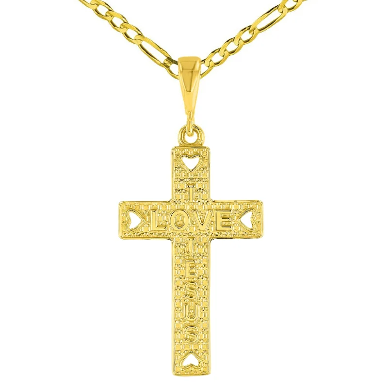 women long pendant necklaces -14K Gold I Love Jesus Cross Charm Pendant Figaro Chain Necklace - Yellow Gold