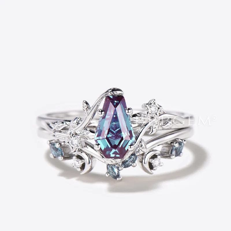 women antique-style engagement rings -Nature Inspired Leaf Engagement Ring Moon Star Coffin Alexandrite Wedding Ring