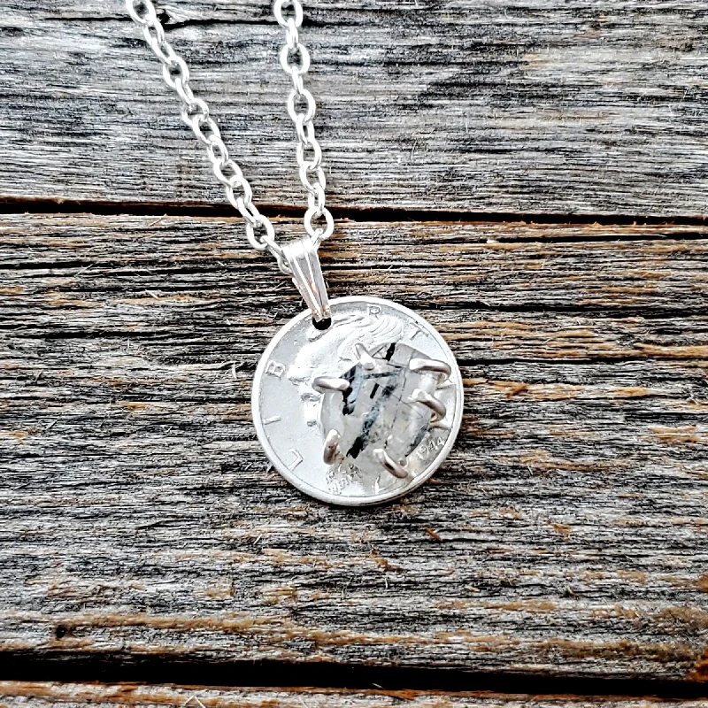 women personalized necklaces -Tourmalinated Quartz Mercury Dime Necklace