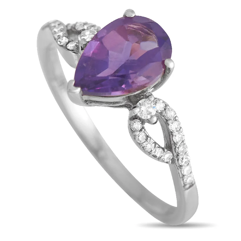 women designer engagement rings -LB Exclusive 14K White Gold 0.15ct Diamond and Amethyst Ring RC4-11823WAM